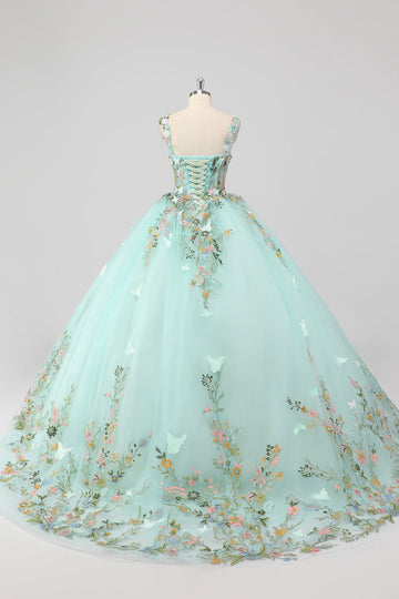 Prinsesse Mint Balkjole Spaghetti stropper Tyl Quinceanera kjole med blomst applikationer